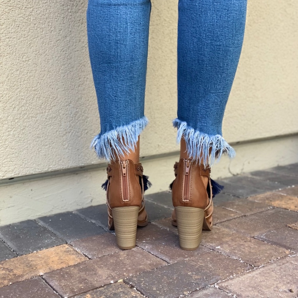 Boho Tassel Detail Embellished Block Heel Sandal - Picture 7 of 8